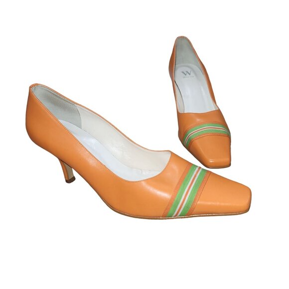 Werner Shoes - Werner Brazilian Orange Square Toe High Stilleto Leather Heels Pumps Size 8.5 M